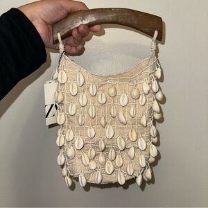Zara 6533/610 Beige Shell-Embellished Women's Bag Beaded Fabric Bucket Bag
